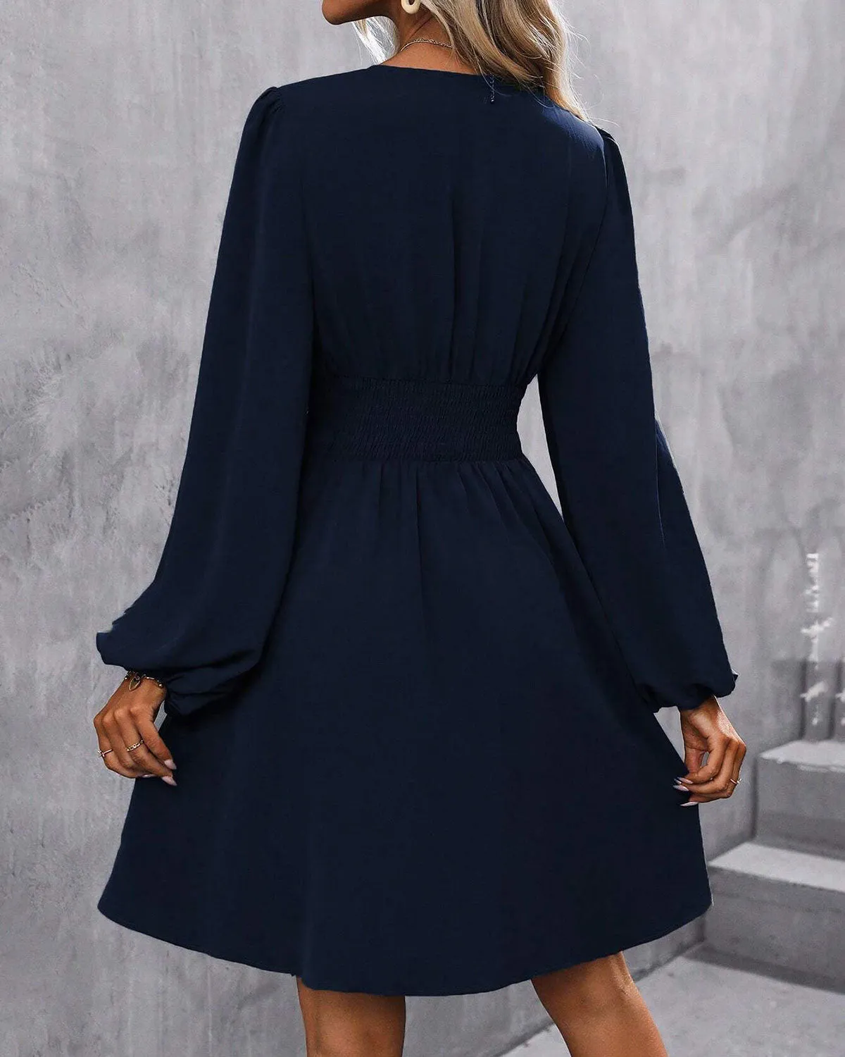 Blue V Neck Shirred A-Line Mini Dress sold by rihoas product image thumbnail 5