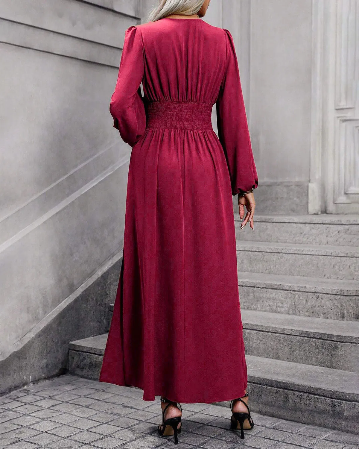 Wine Red Bishop Sleeve Maxi Dress sold by rihoas product image thumbnail 3