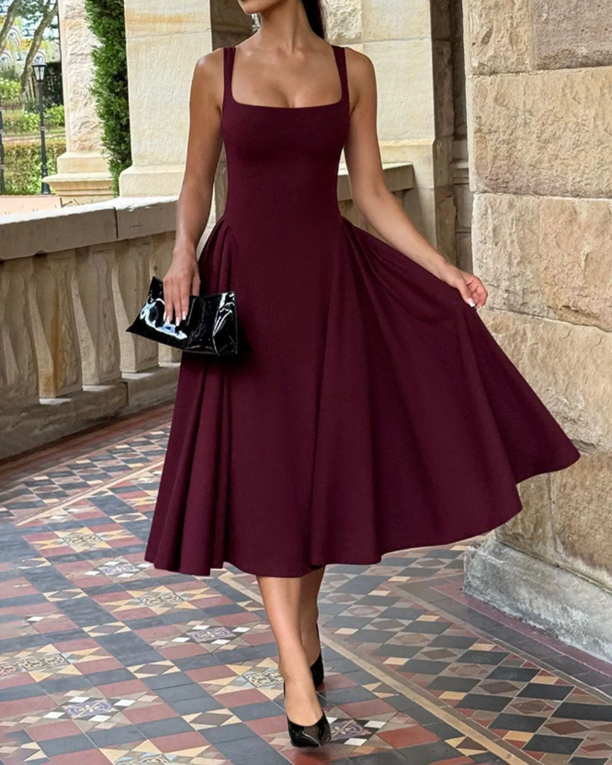 Red Square Neck A-Line Slip Midi Dress sold by rihoas