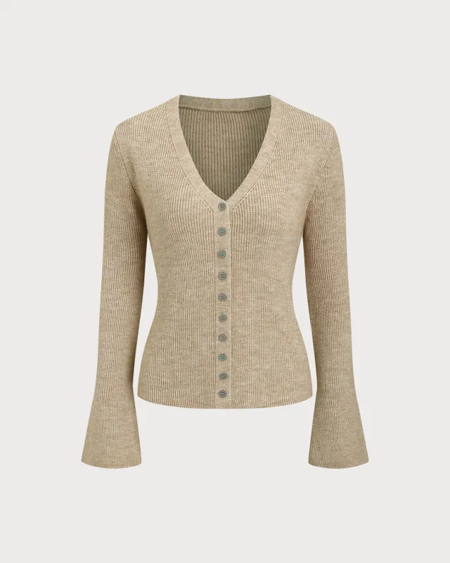 Khaki V Neck Button Knit Cardigan sold by rihoas