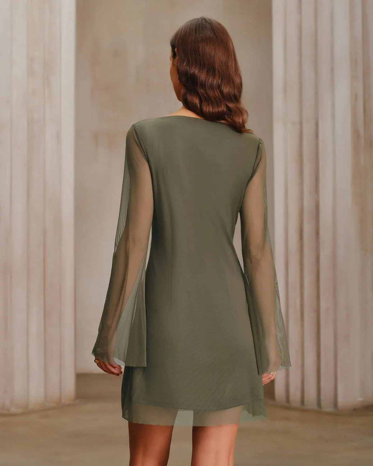 Green Mesh Boat Neck A-Line Mini Dress sold by rihoas product image thumbnail 3