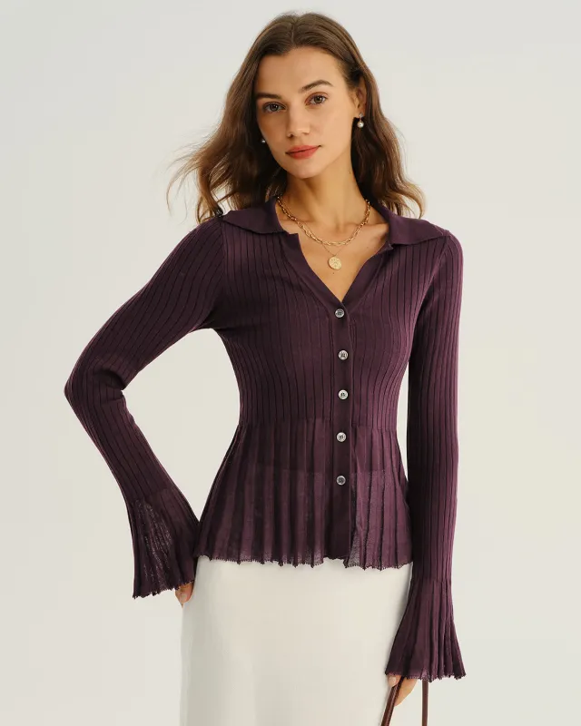 Purple Button Ribbed Knit Cardigan sold by rihoas