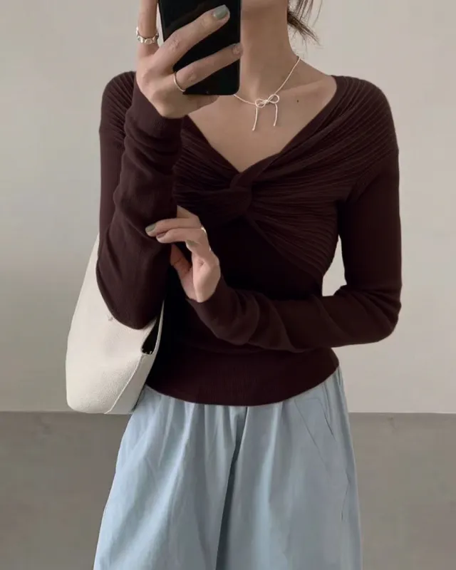 Coffee V Neck Twisted Knit Tee sold by rihoas