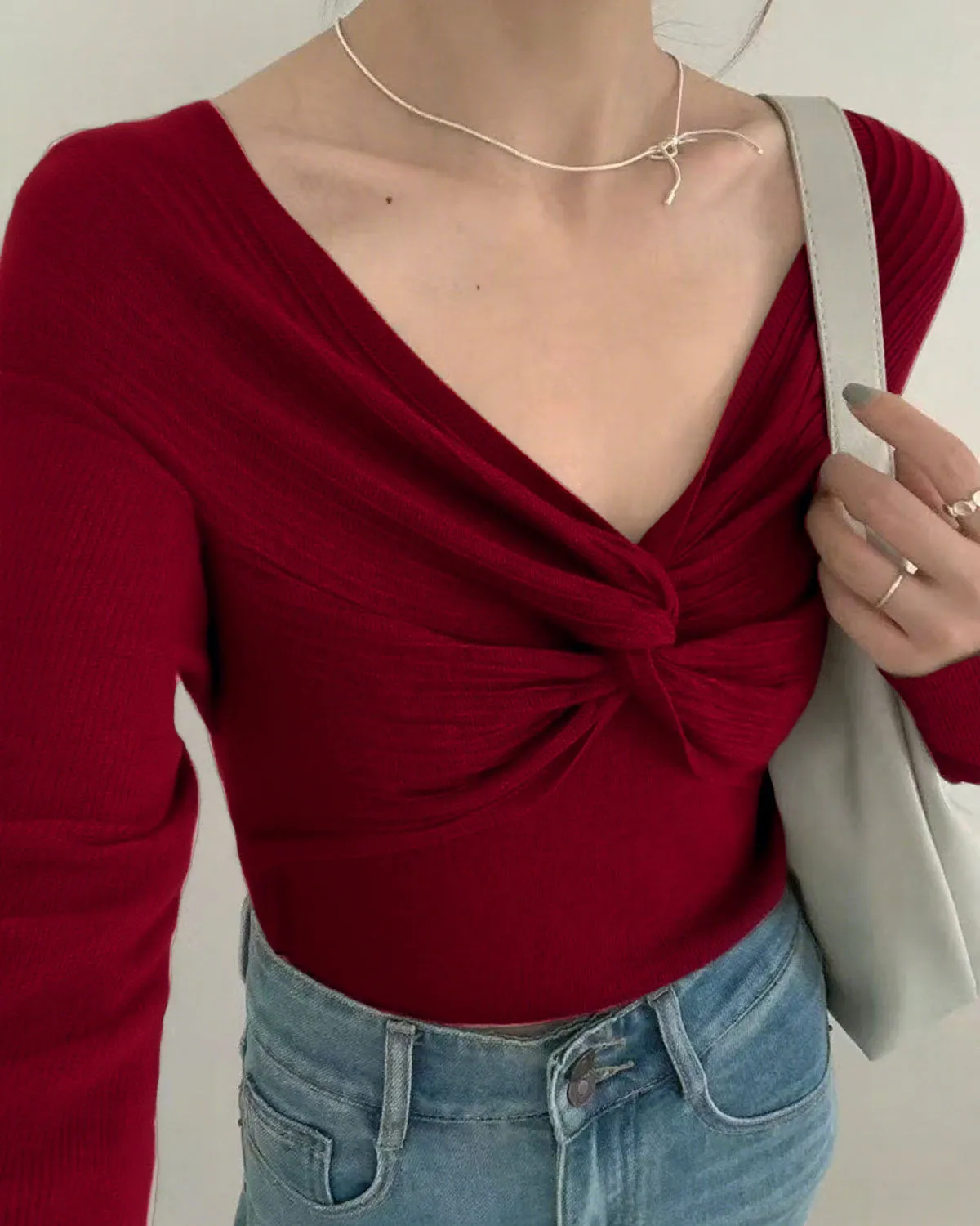 Red V Neck Twisted Knit Tee sold by rihoas product image thumbnail 2
