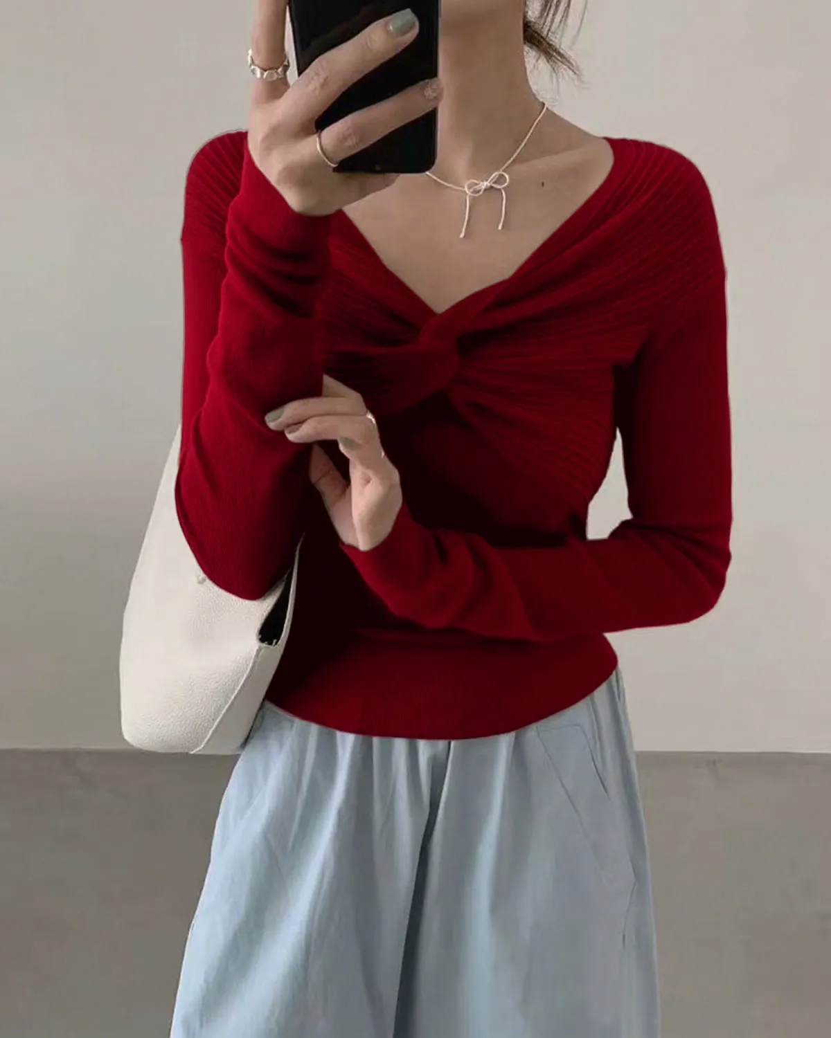Red V Neck Twisted Knit Tee sold by rihoas product image thumbnail 3