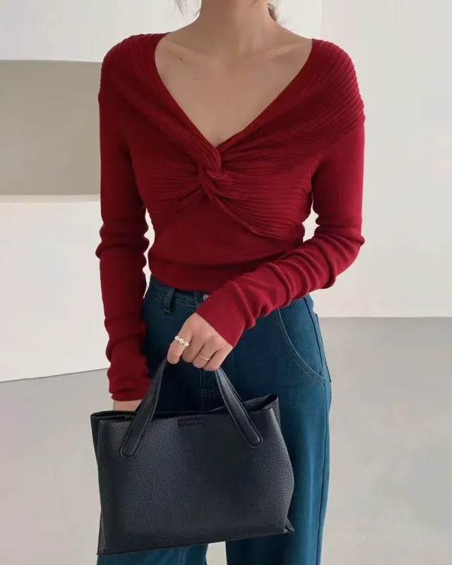 Red V Neck Twisted Knit Tee sold by rihoas