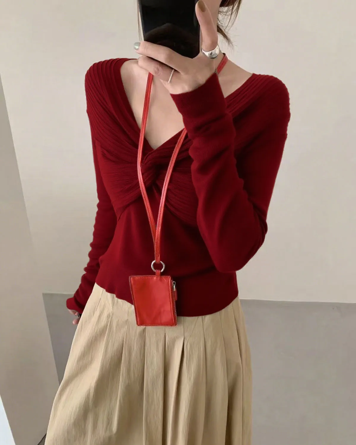 Red V Neck Twisted Knit Tee sold by rihoas product image thumbnail 4