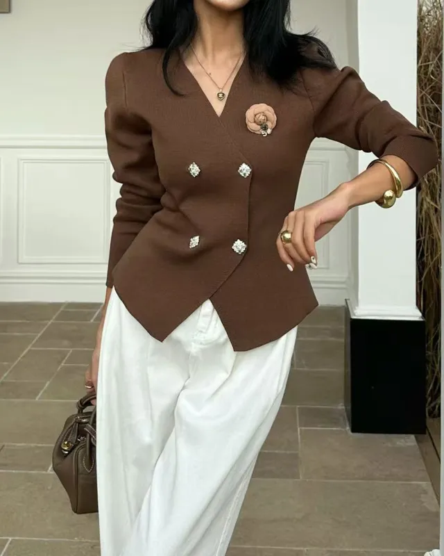 Coffee V Neck Double Breasted Cardigan sold by rihoas