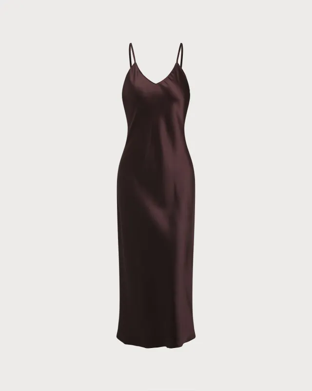 Brown Satin Slip Maxi Dress sold by rihoas