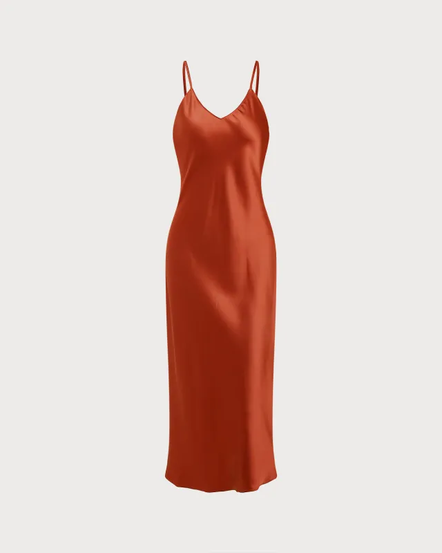 Brick Red Satin Slip Maxi Dress sold by rihoas