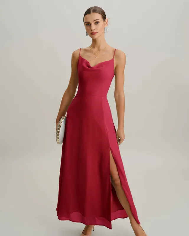 Wine Red Cowl Neck Slip Maxi Dress sold by rihoas