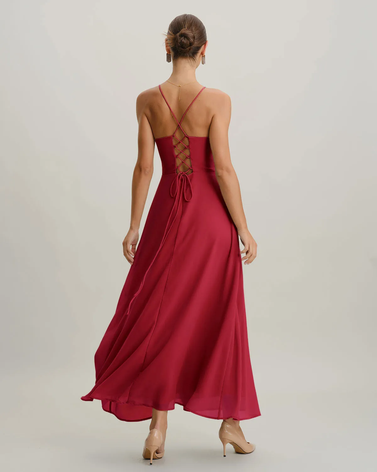 Wine Red Cowl Neck Slip Maxi Dress sold by rihoas product image thumbnail 3