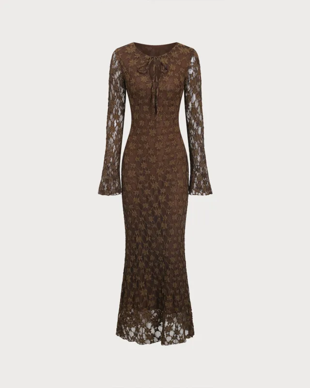 Brown Floral Bell Sleeve Maxi Dress sold by rihoas