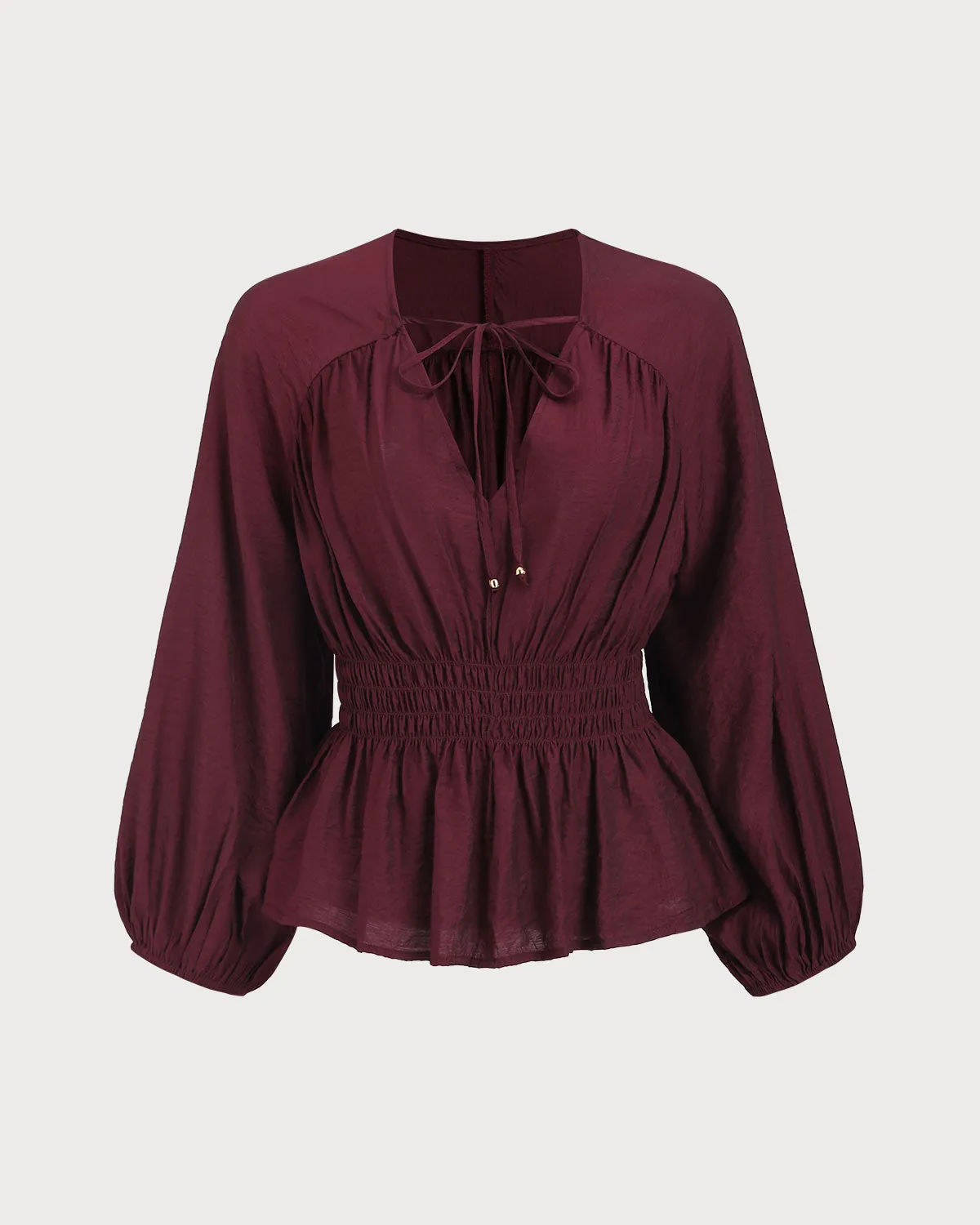 Wine Red V Neck Shirred Blouse sold by rihoas