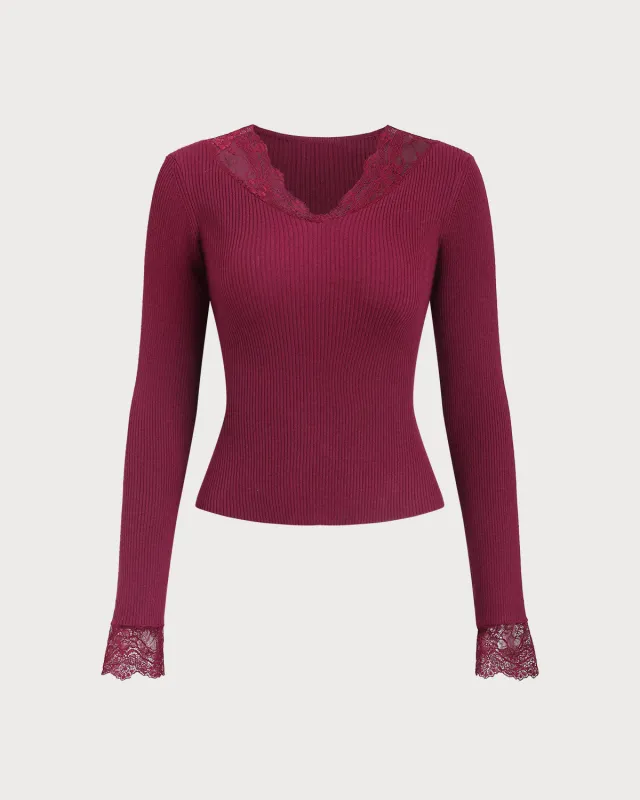 Wine Red V Neck Ribbed Knit Tee sold by rihoas