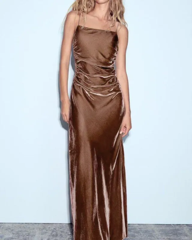 Brown Velour A-Line Slip Maxi Dress sold by rihoas