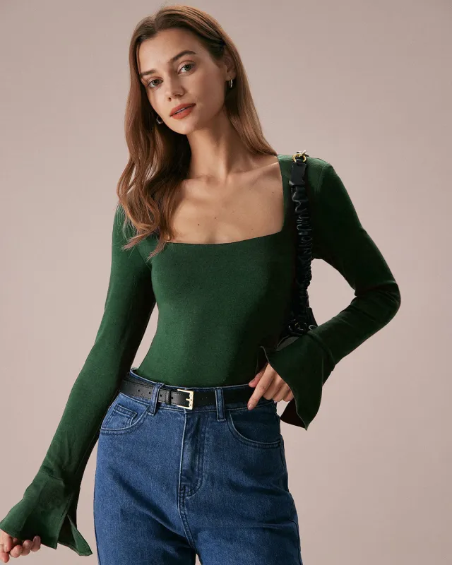 Green Ribbed Knit Bell Sleeve Tee sold by rihoas