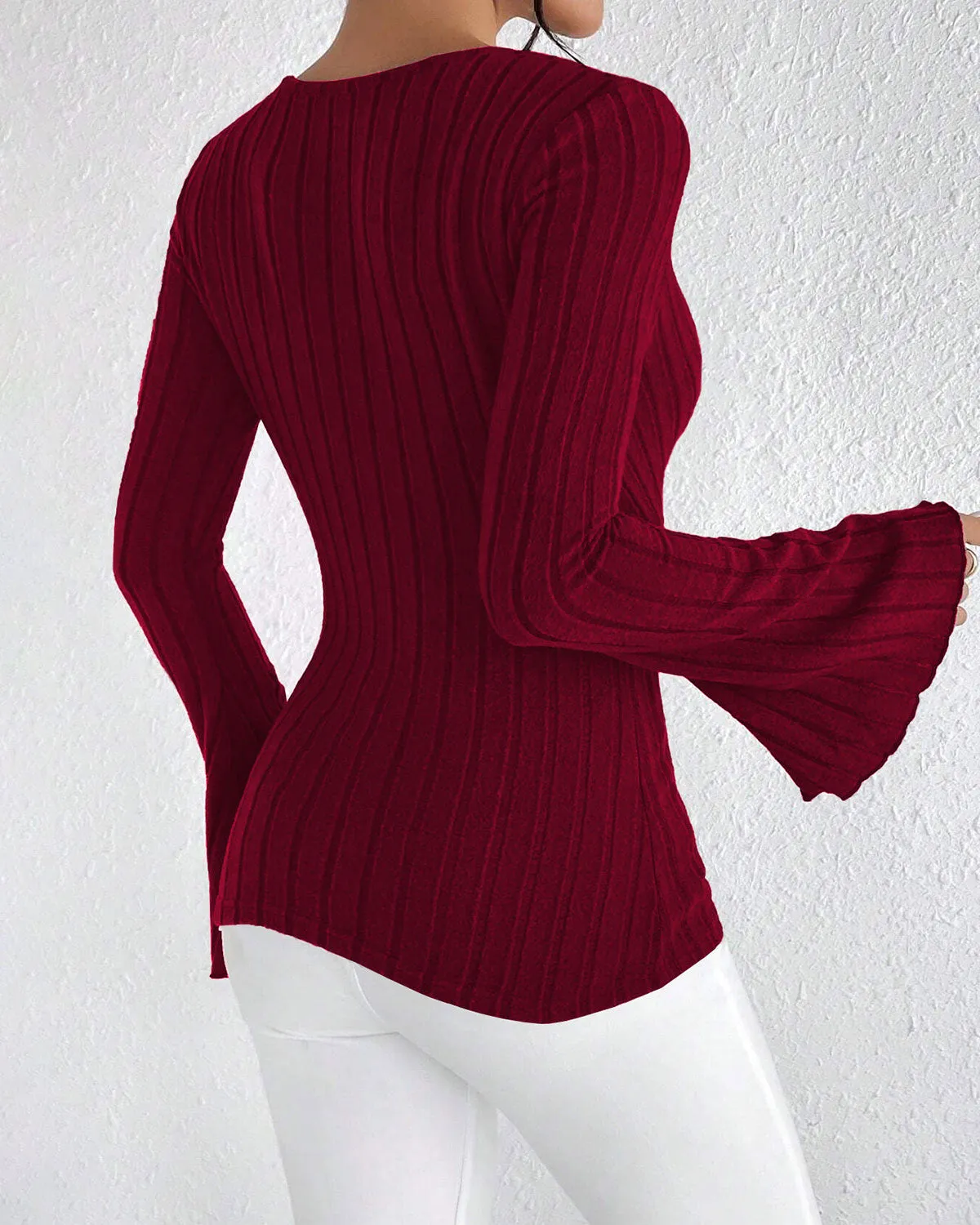 Red Knit V Neck Bell Sleeve Tee sold by rihoas product image thumbnail 4