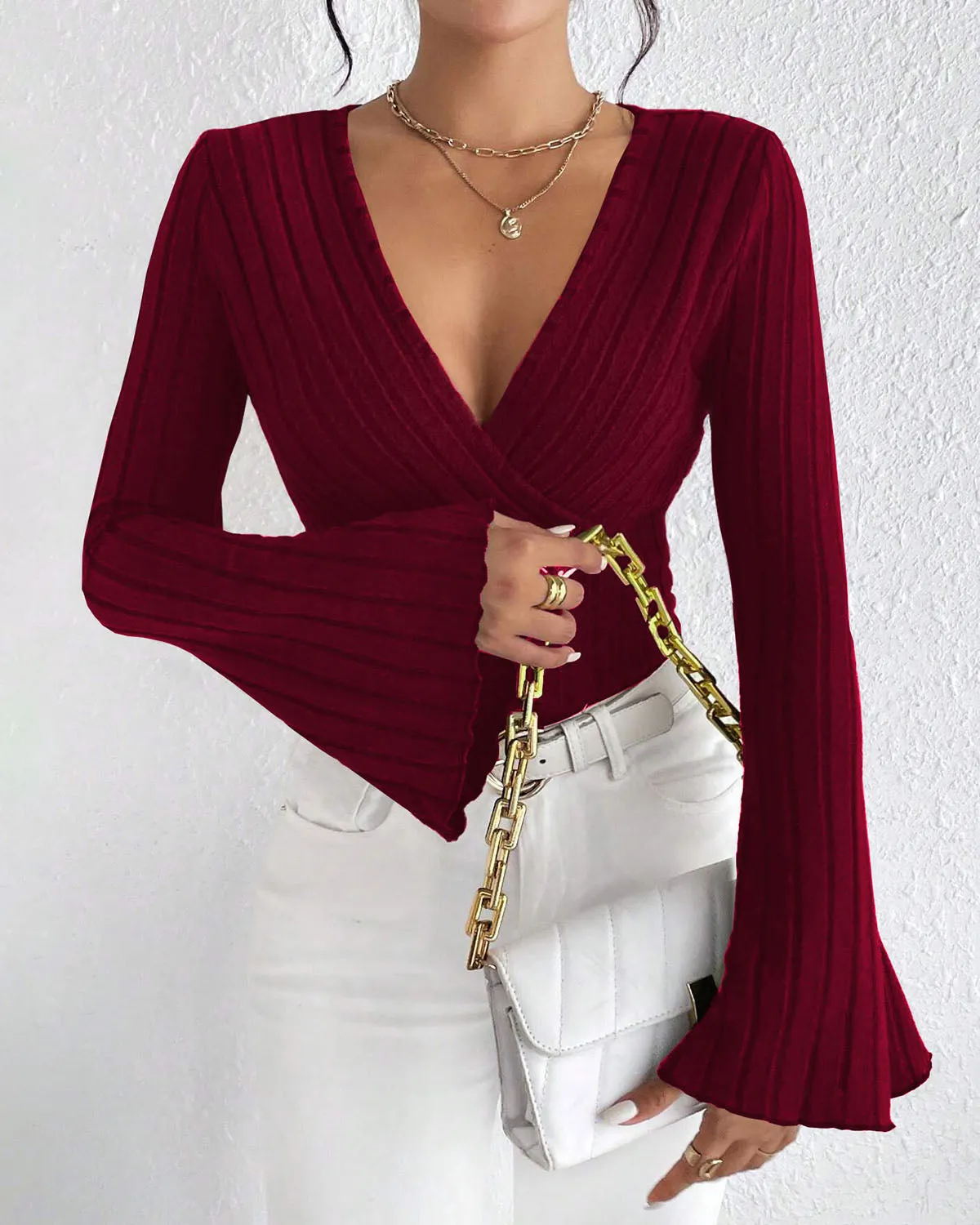 Red Knit V Neck Bell Sleeve Tee sold by rihoas product image thumbnail 2