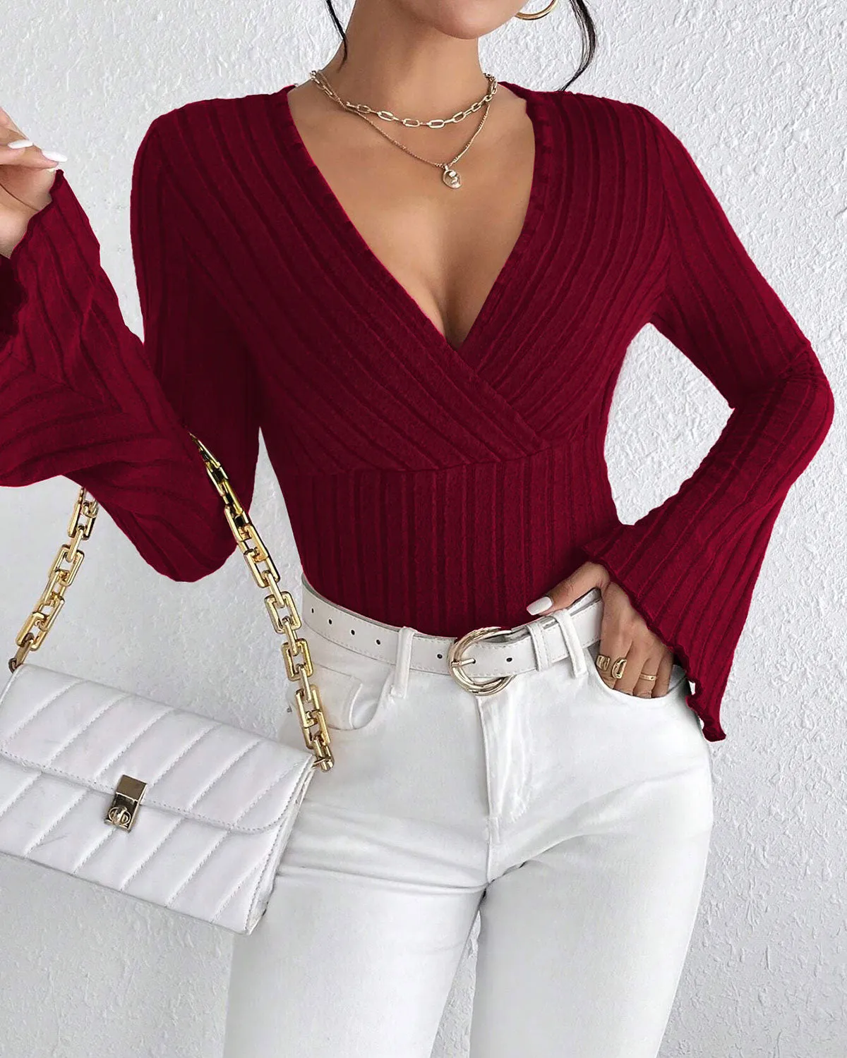 Red Knit V Neck Bell Sleeve Tee sold by rihoas product image thumbnail 3
