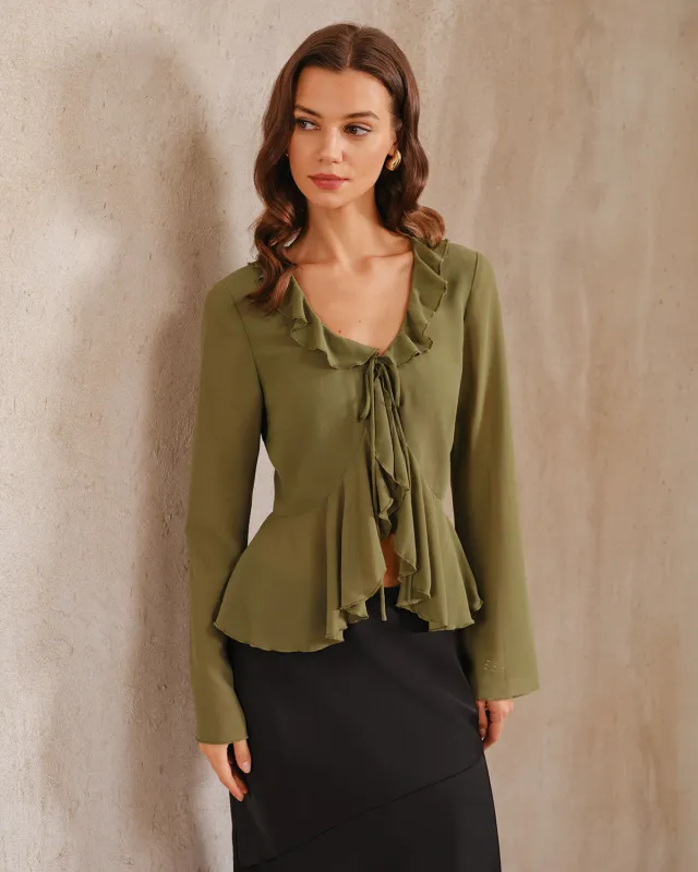 Green Chiffon Ruffle Bell Sleeve Blouse sold by rihoas