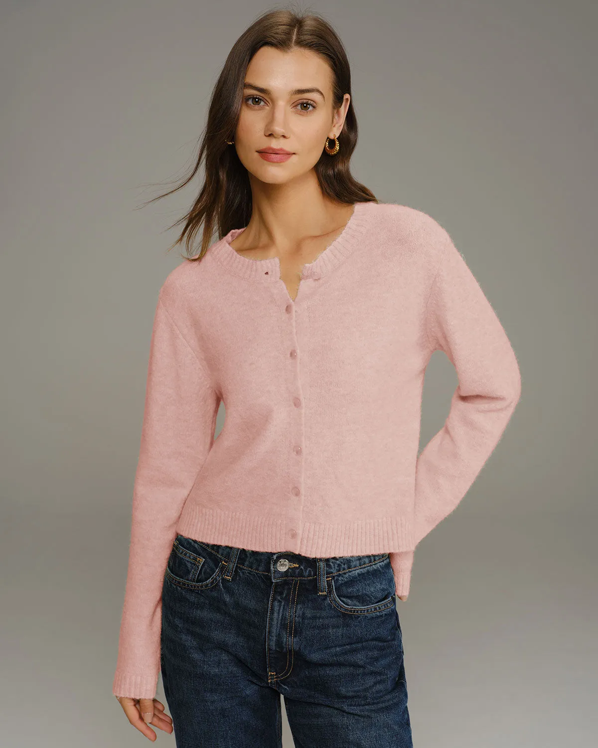 Pink Round Neck Knit Cardigan sold by rihoas