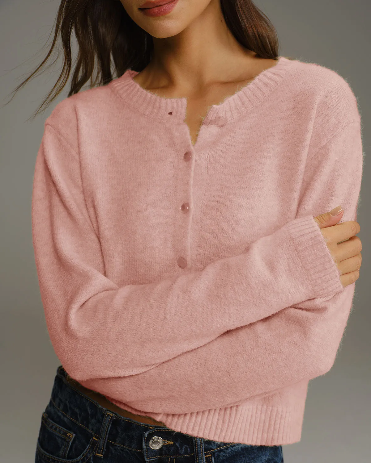 Pink Round Neck Knit Cardigan sold by rihoas product image thumbnail 2