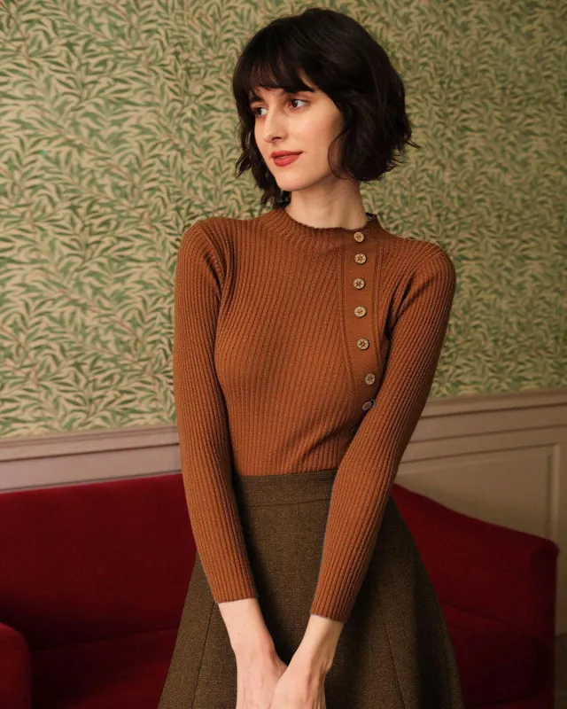 Caramel Mock Neck Ribbed Knit Tee sold by rihoas