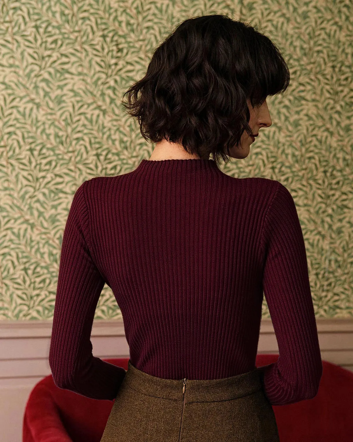 Wine Red Mock Neck Ribbed Knit Tee sold by rihoas product image thumbnail 3