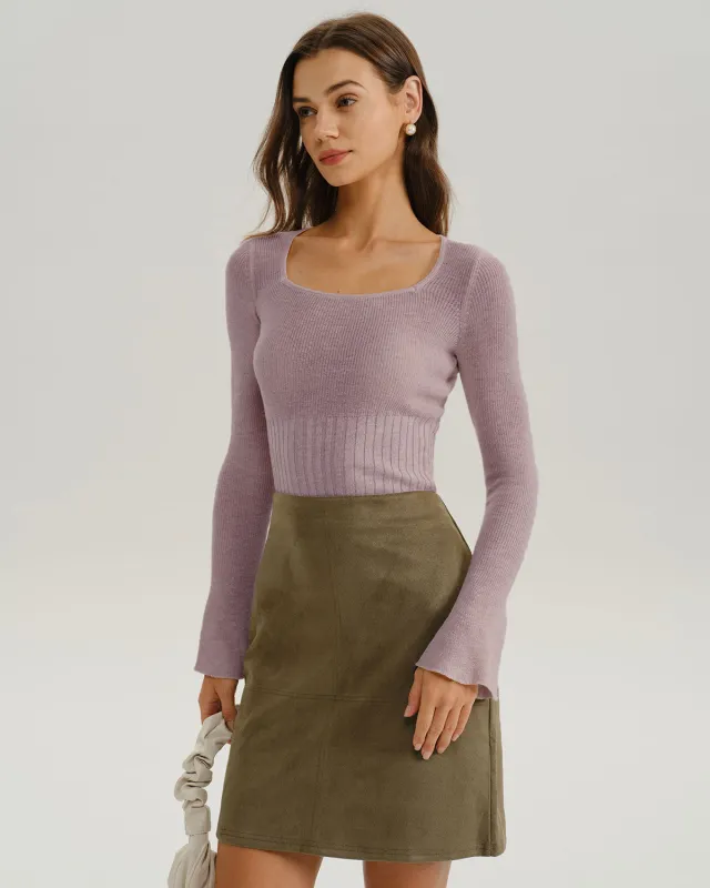 Purple Ribbed Knit Bell Sleeve Tee sold by rihoas