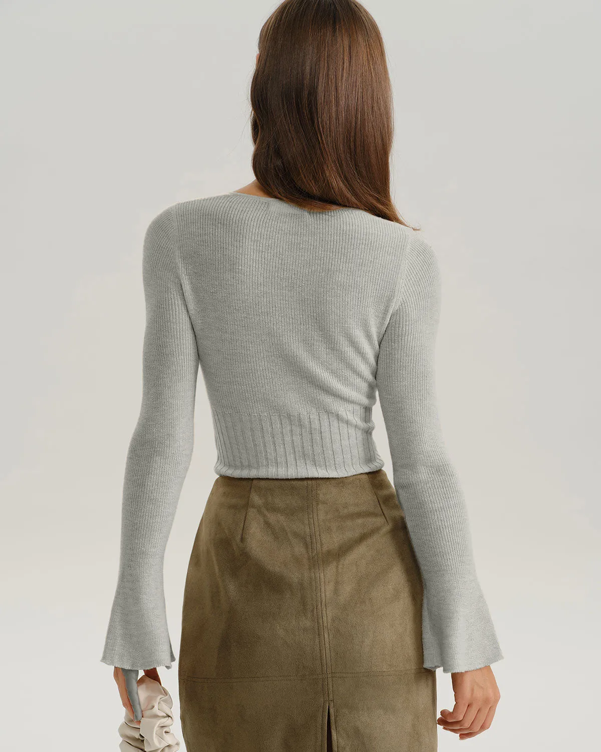 Grey Ribbed Knit Bell Sleeve Tee sold by rihoas product image thumbnail 4