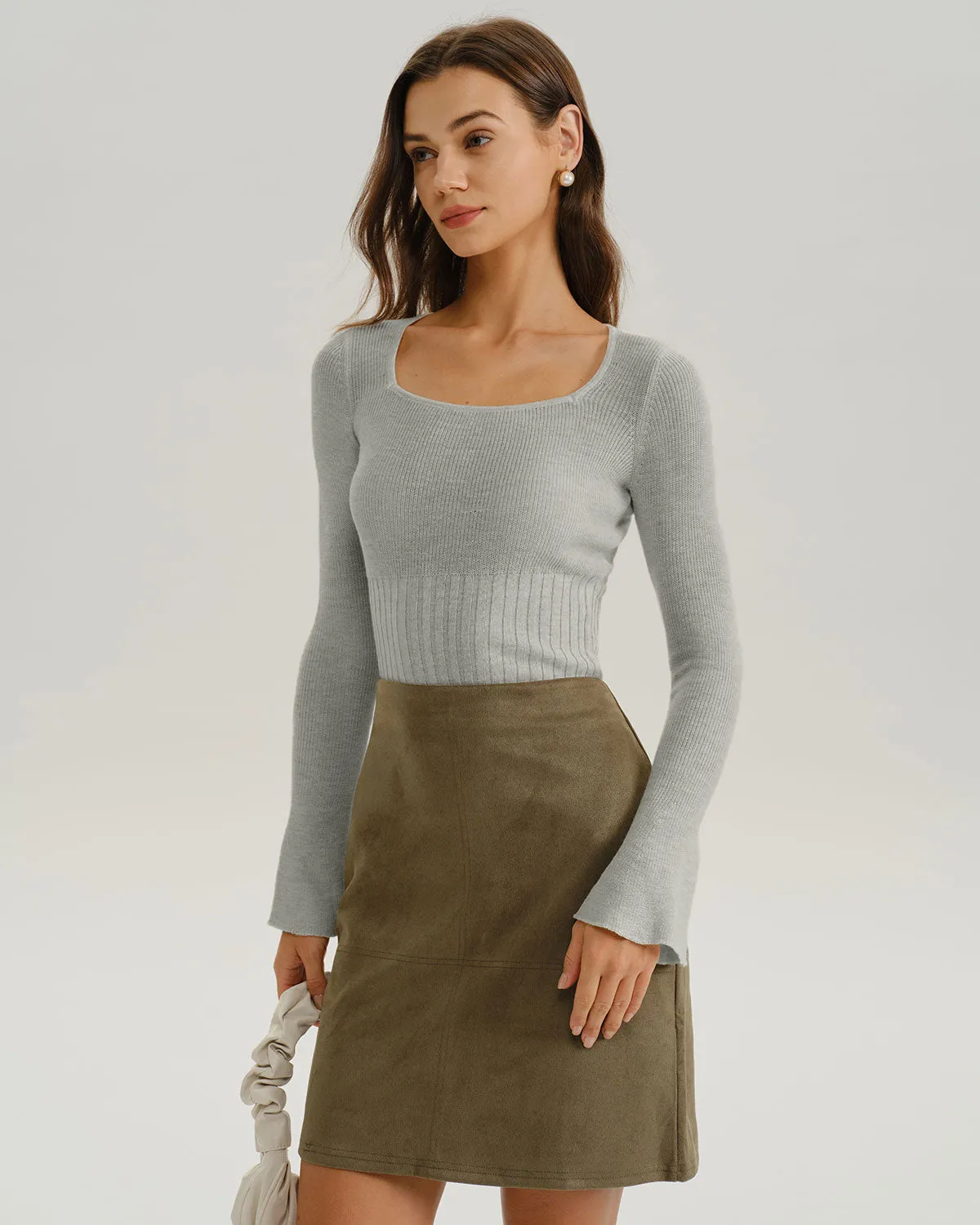 Grey Ribbed Knit Bell Sleeve Tee sold by rihoas product image thumbnail 3