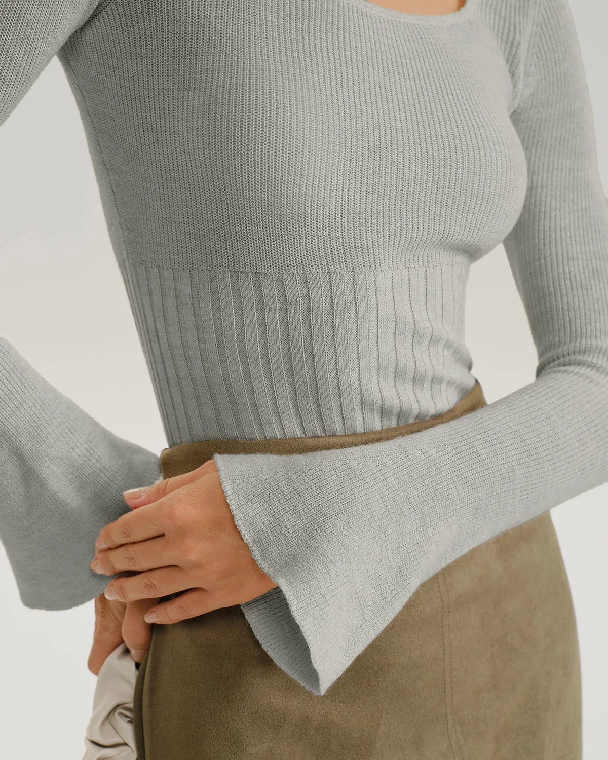 Grey Ribbed Knit Bell Sleeve Tee sold by rihoas product image thumbnail 2