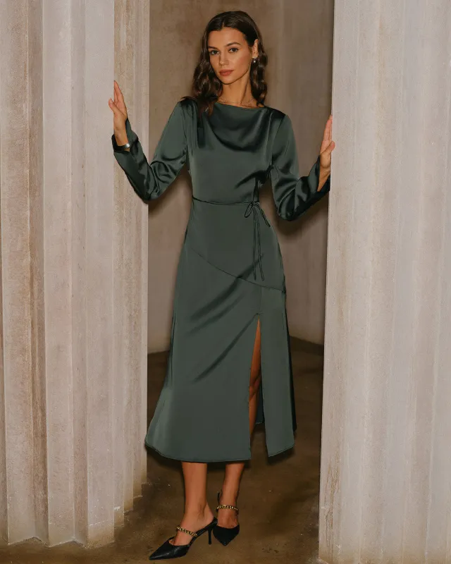 Green Satin Cowl Neck Slit Midi Dress sold by rihoas