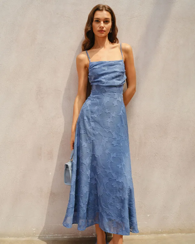 Blue Jacquard Ruched Slip Maxi Dress sold by rihoas