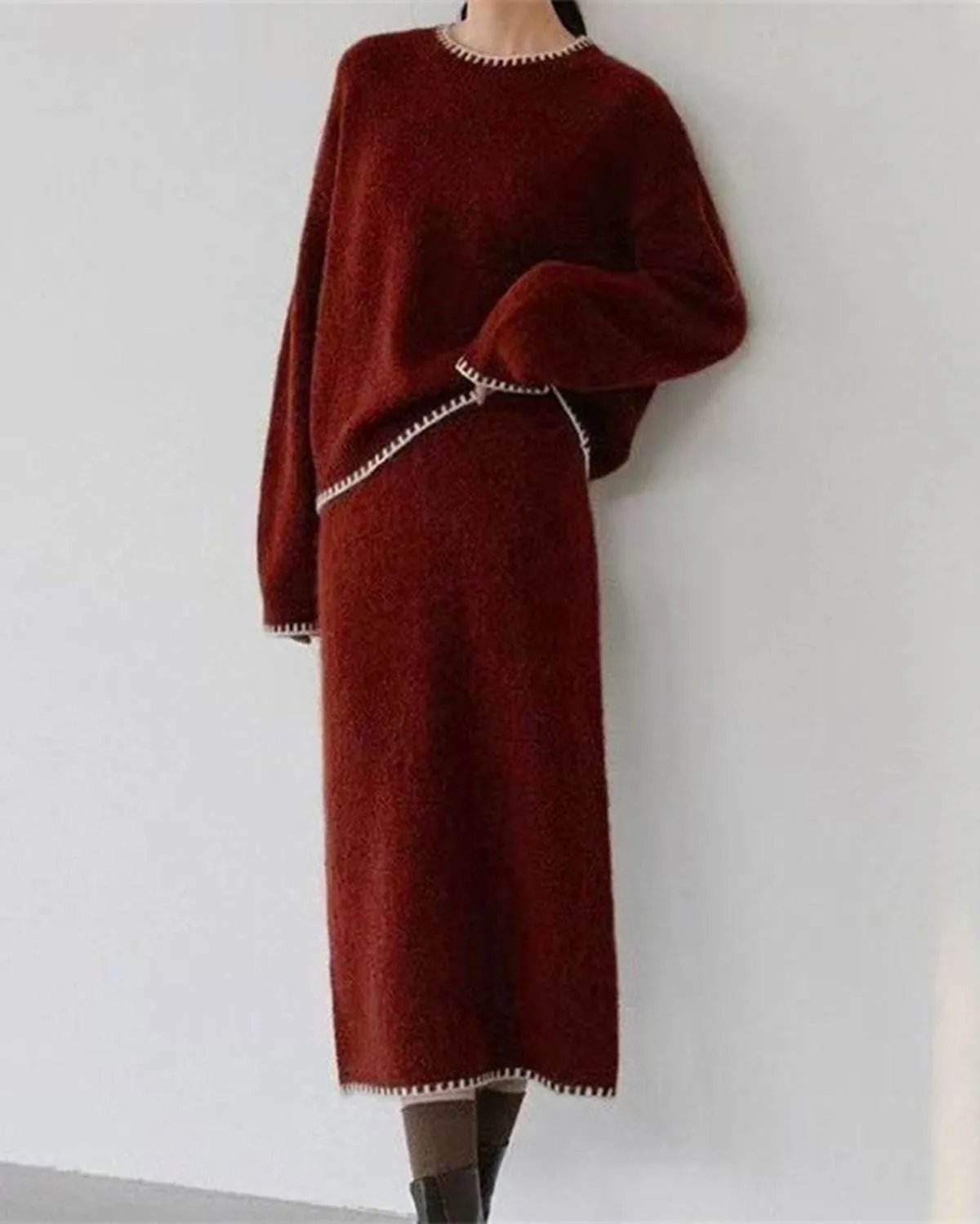 Wine Red Round Neck Knit Skirt Suit sold by rihoas