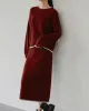 Wine Red Round Neck Knit Skirt Suit sold by rihoas