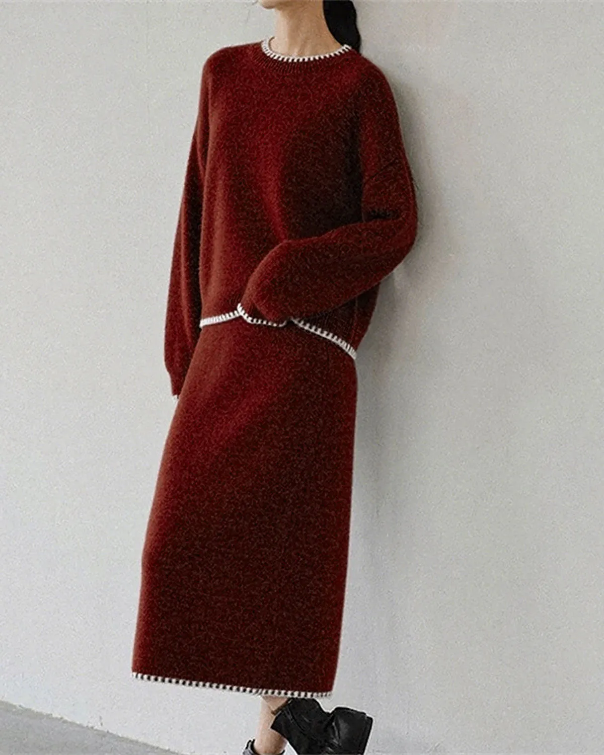 Wine Red Round Neck Knit Skirt Suit sold by rihoas product image thumbnail 3