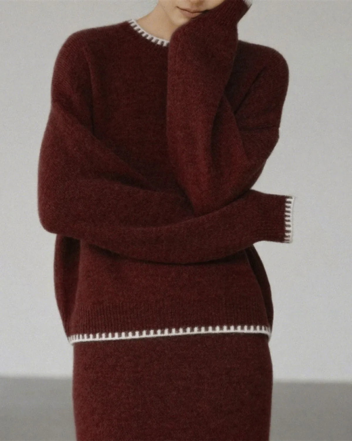 Wine Red Round Neck Knit Skirt Suit sold by rihoas product image thumbnail 2