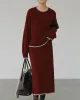 Wine Red Round Neck Knit Skirt Suit sold by rihoas