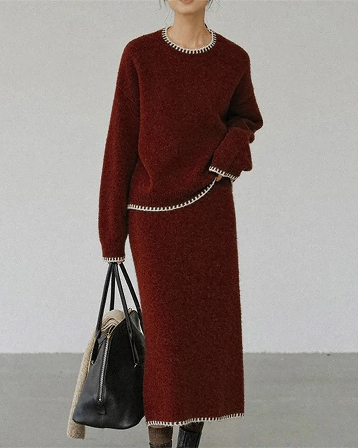 Wine Red Round Neck Knit Skirt Suit sold by rihoas product image thumbnail 4