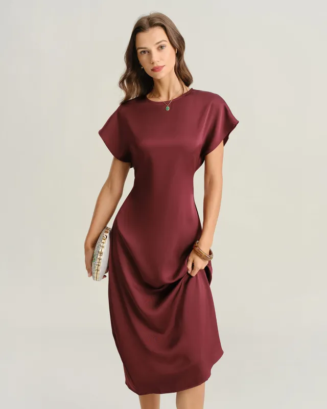 Red Satin Cowl Sleeve A-Line Midi Dress sold by rihoas