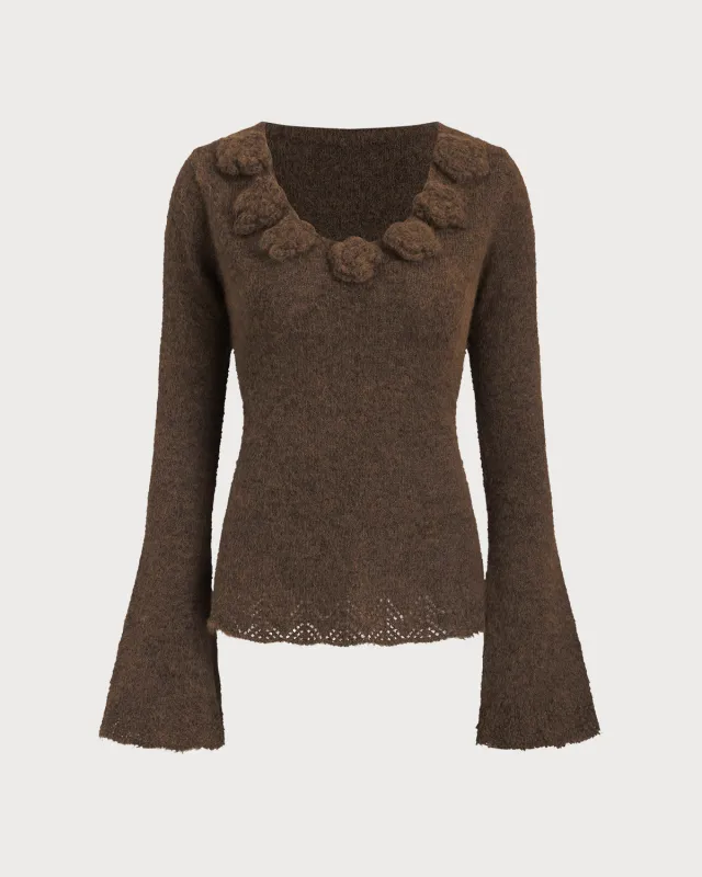Brown V Neck Bell Sleeve Sweater sold by rihoas