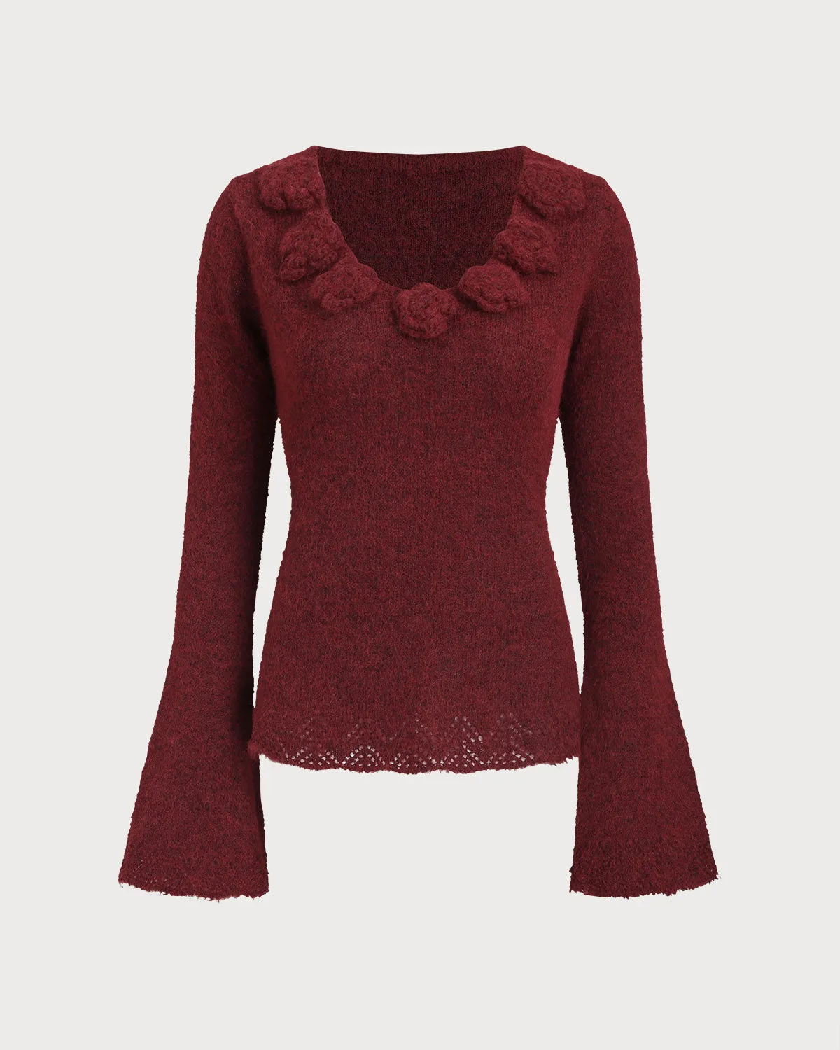 Wine Red V Neck Bell Sleeve Sweater sold by rihoas