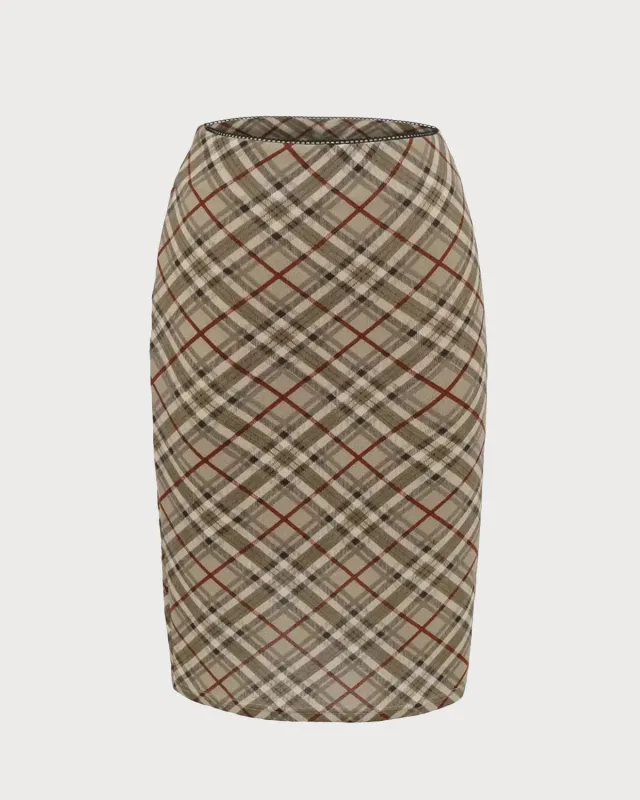 Khaki Plaid Straight Zipper Midi Skirt sold by rihoas