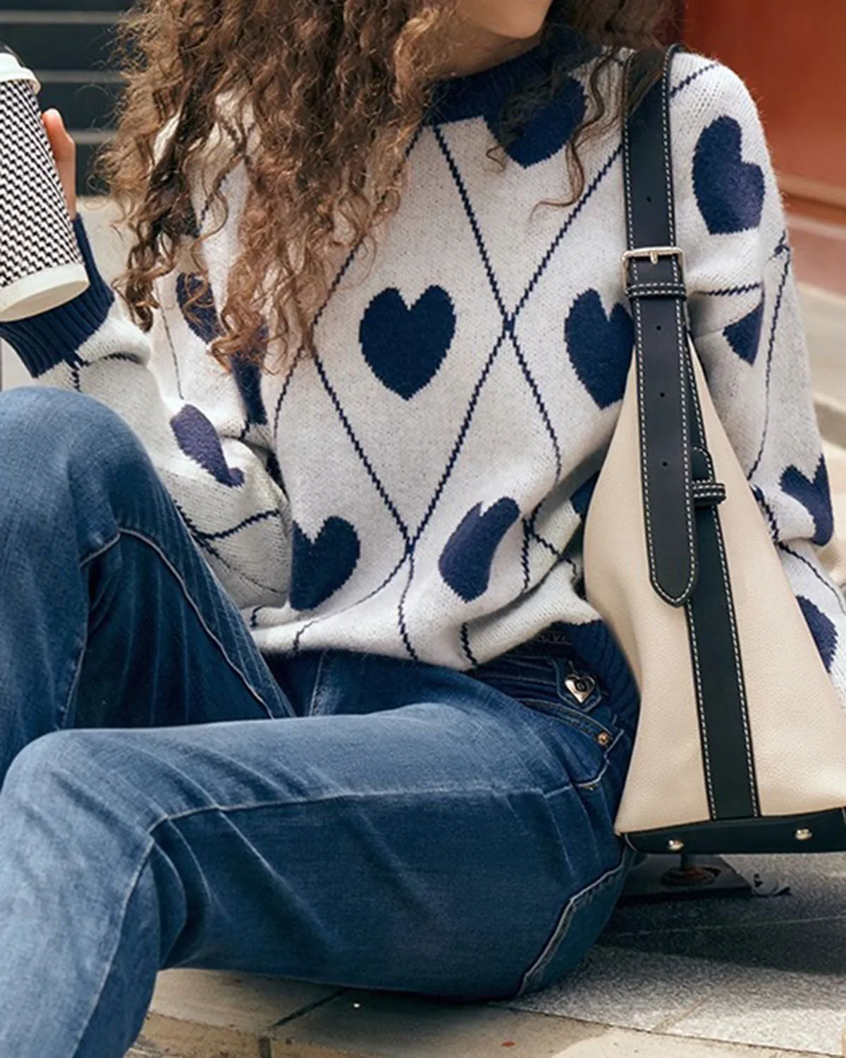 Blue Round Neck Heart Print Sweater sold by rihoas product image thumbnail 2