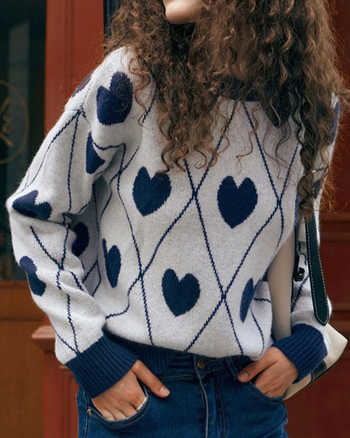 Blue Round Neck Heart Print Sweater sold by rihoas