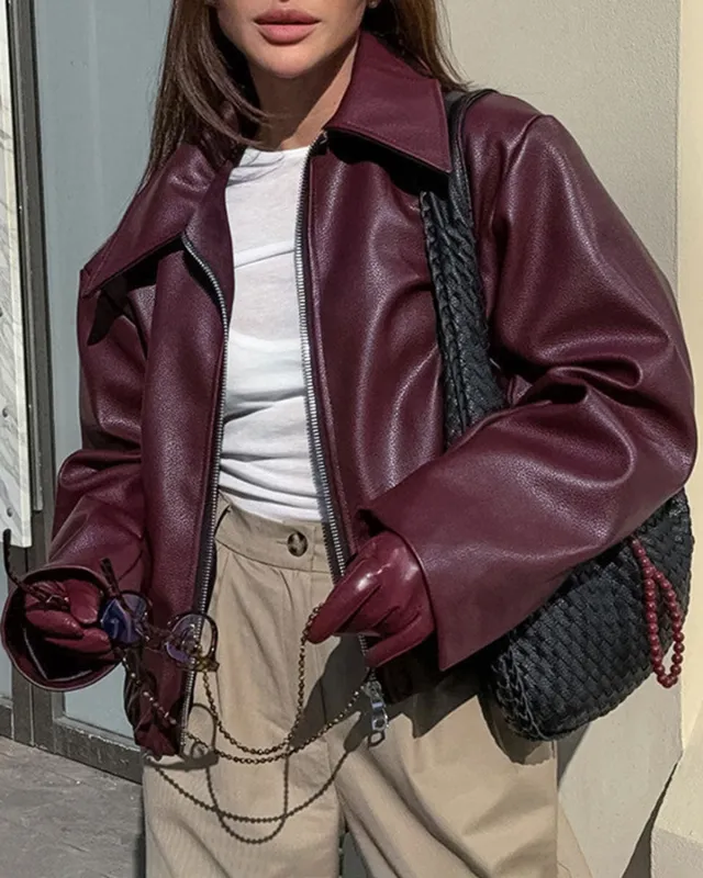 Maroon PU Leather Jacket sold by rihoas
