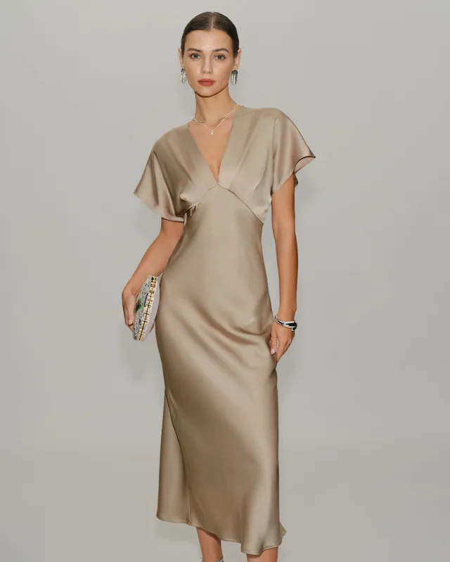 Apricot Satin V Neck A-Line Midi Dress made by rihoas