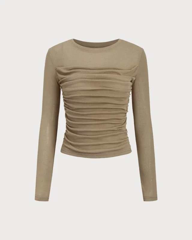 Khaki Knit Round Neck Ruched Tee sold by rihoas